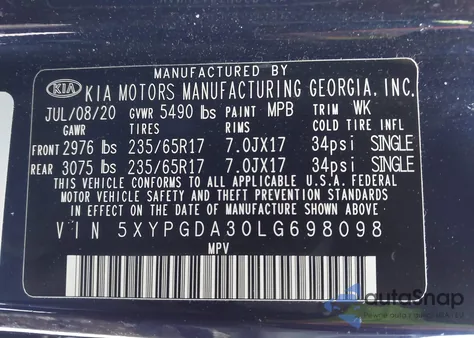 2020 Kia Sorento 2.4L Lx из США, поврежденный, VIN 5XYPGDA30LG698098